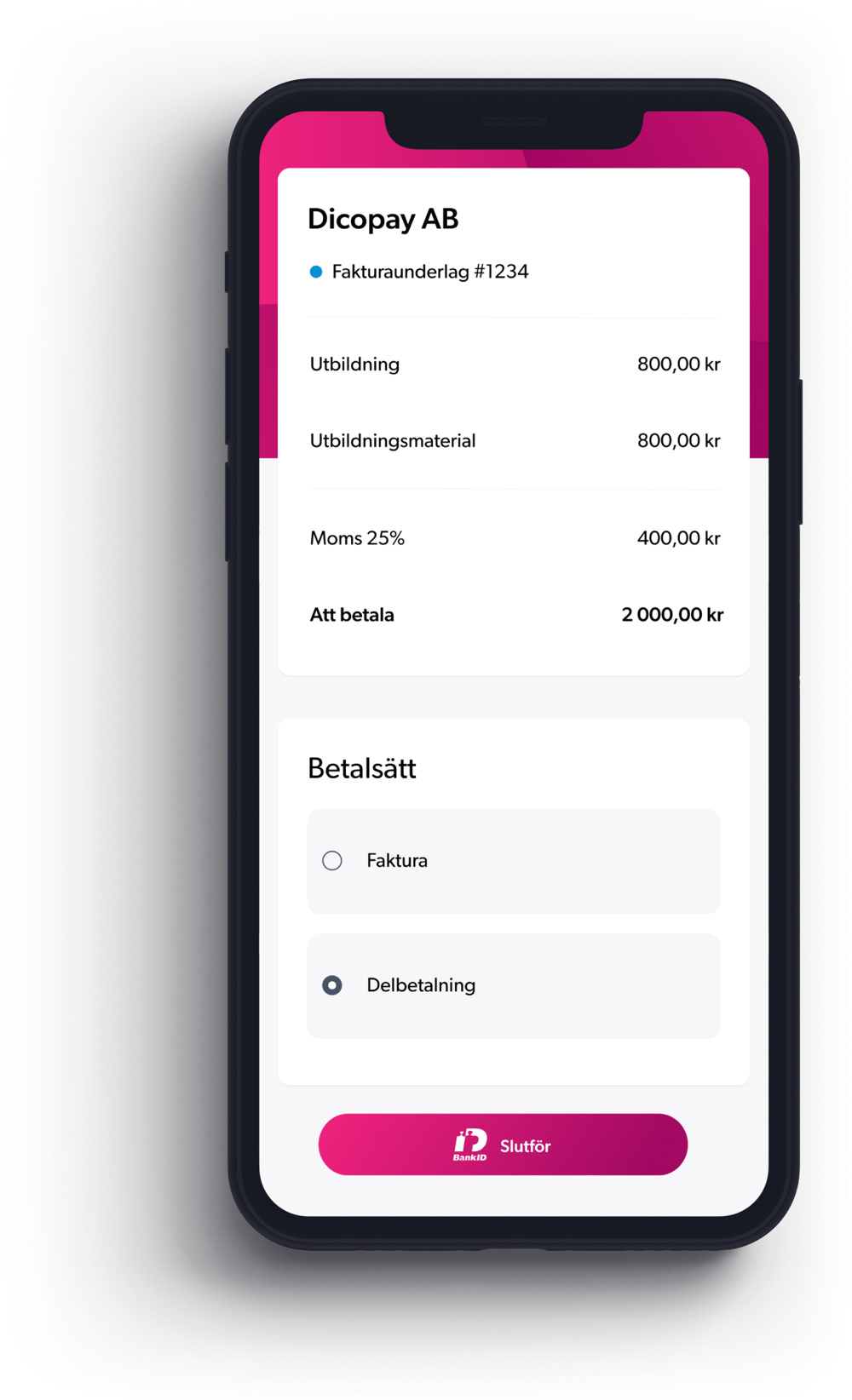 Kundens vy i mobilen där betalsätt väljs